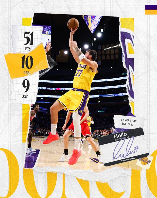 东契奇砍51+三双湖人胜公牛刷新队史三分纪录